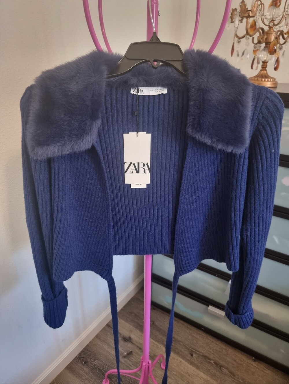 ZARA Navy Ribbed Knit Shrug with Faux Fur Collar